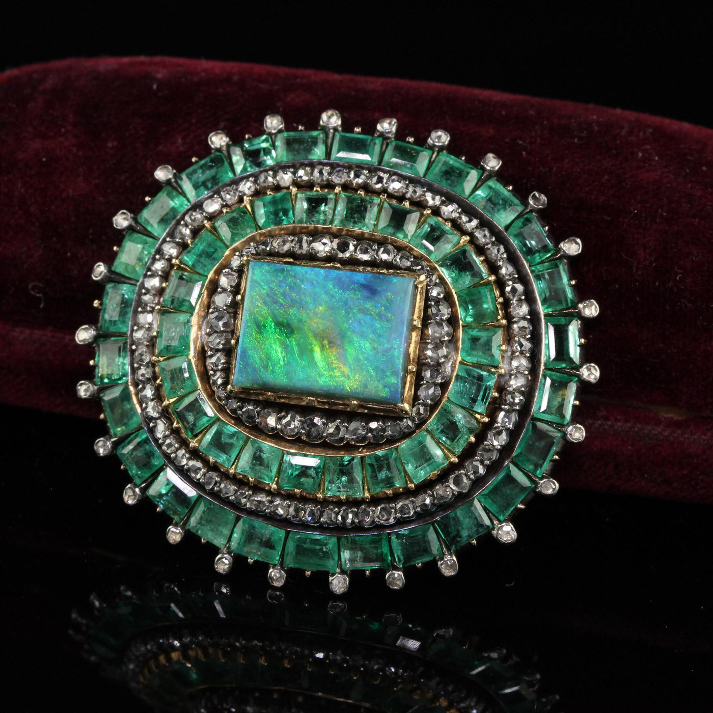 Antique Victorian 18K Yellow Gold Silver Old Cut Diamond Emerald Black Opal Pin