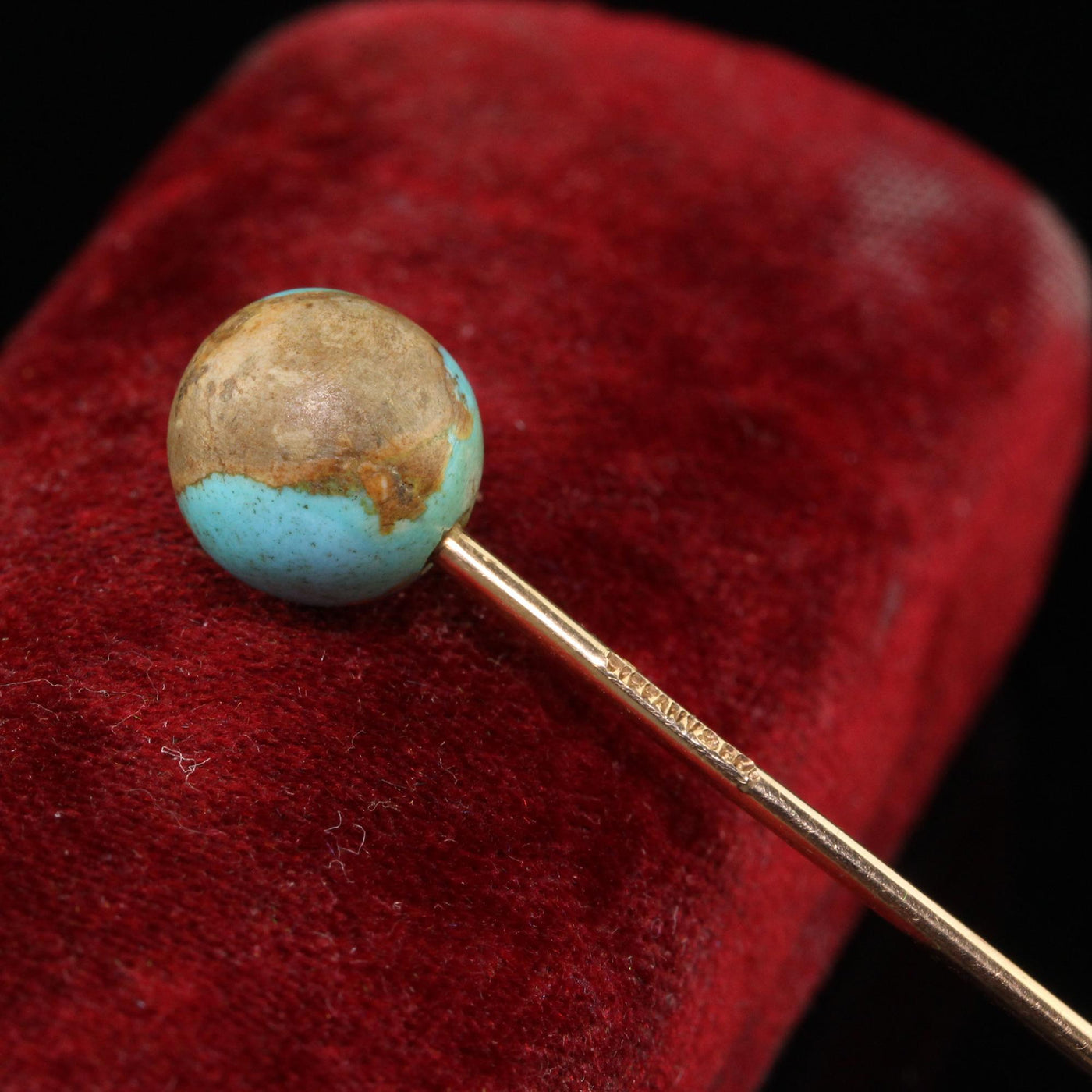 Antique Art Deco Tiffany and Co 14K Yellow Gold Natural Turquoise Globe Stickpin