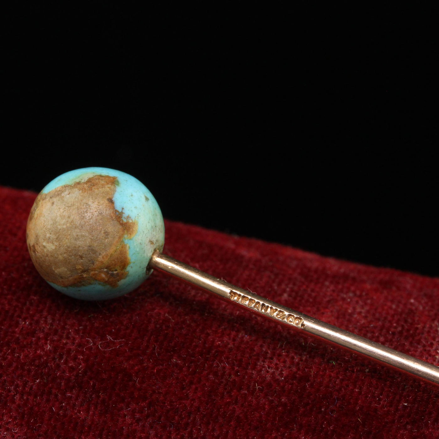 Antique Art Deco Tiffany and Co 14K Yellow Gold Natural Turquoise Globe Stickpin