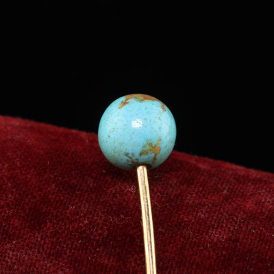 Antique Art Deco Tiffany and Co 14K Yellow Gold Natural Turquoise Globe Stickpin