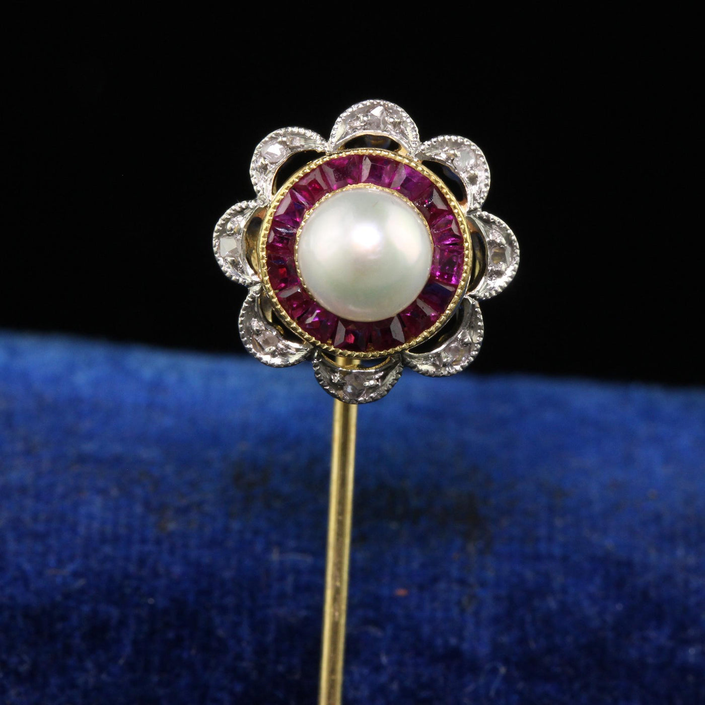 Antique Art Deco 18K Gold Platinum Ruby Diamond and Pearl Target Stick Pin