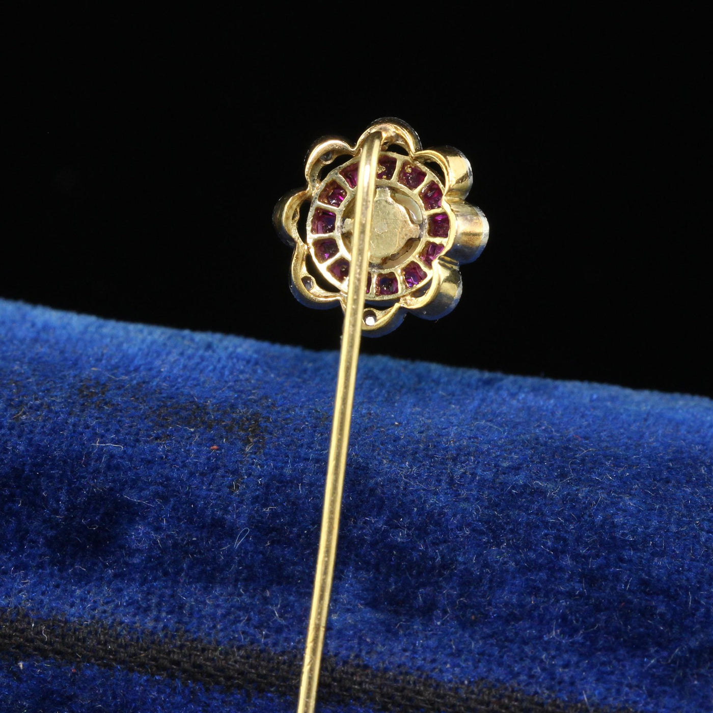 Antique Art Deco 18K Gold Platinum Ruby Diamond and Pearl Target Stick Pin