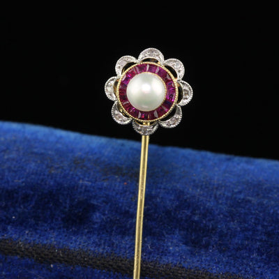 Antique Art Deco 18K Gold Platinum Ruby Diamond and Pearl Target Stick Pin