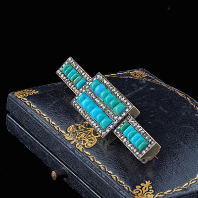 Antique Victorian 14K Yellow Gold Natural Turquoise and Diamond Bar Pin