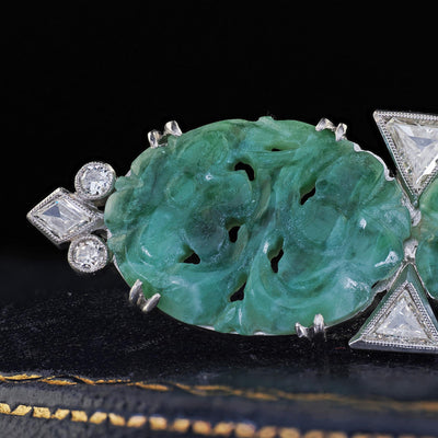 Antique Art Deco Platinum Old Cut Diamond and Carved Jade Pin