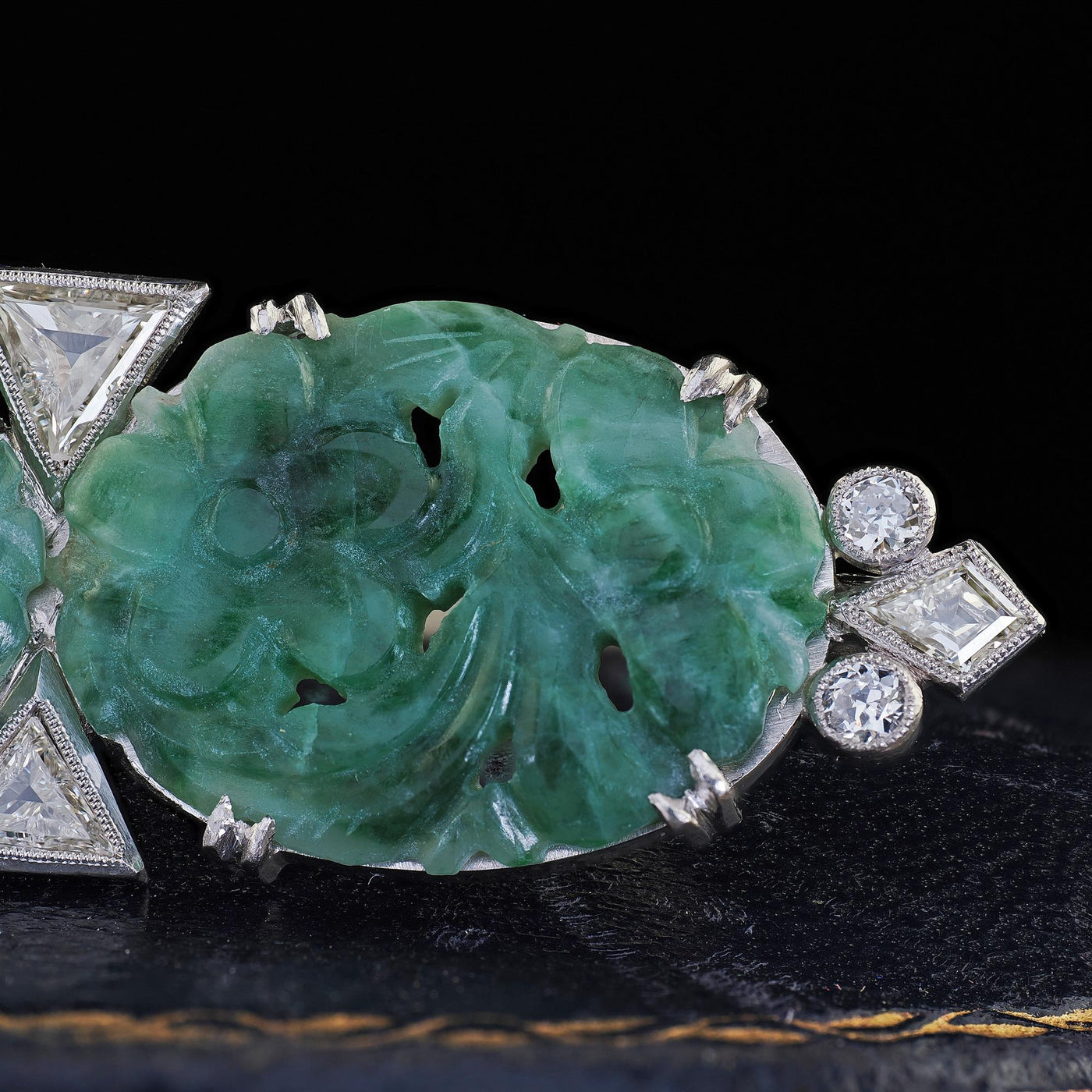 Antique Art Deco Platinum Old Cut Diamond and Carved Jade Pin