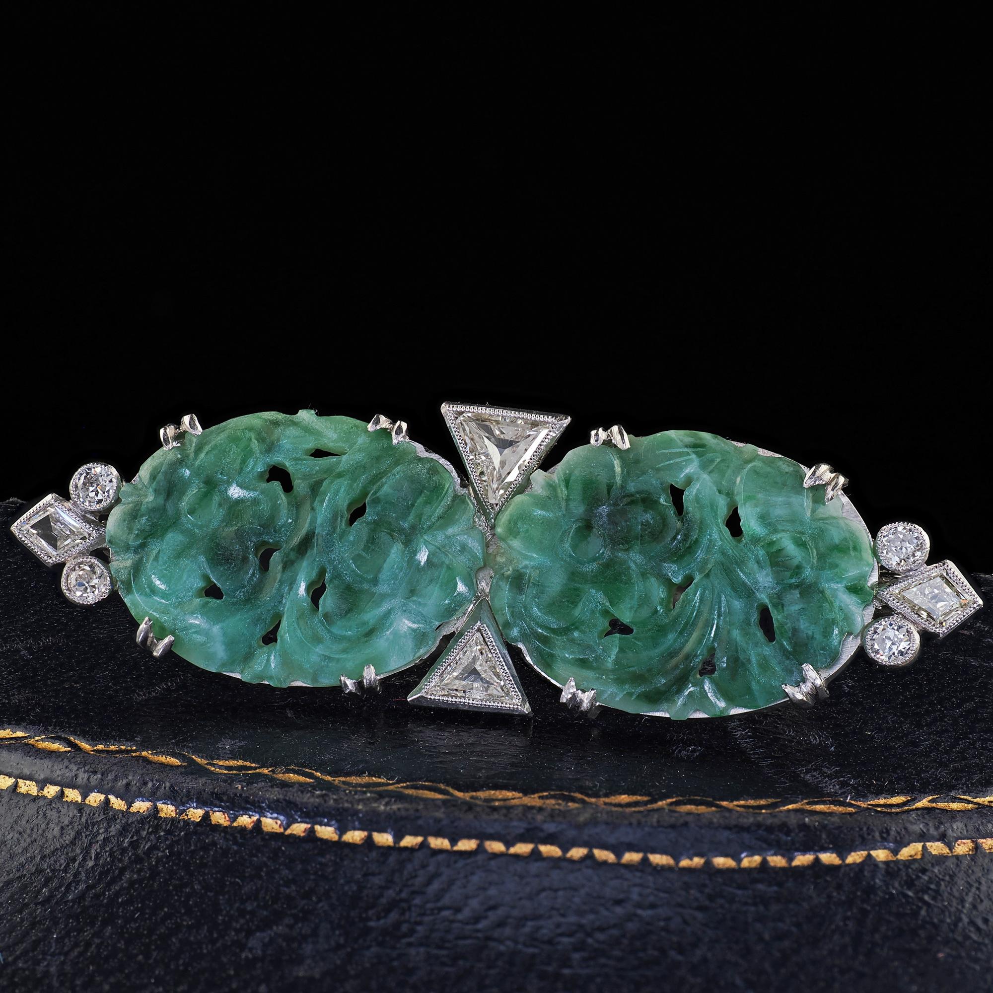 Antique Art Deco Platinum Old Cut Diamond and Carved Jade Pin – The ...