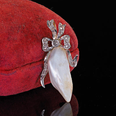 Antique Edwardian 18K Gold Platinum Natural River Pearl and Diamond Pin Pendant