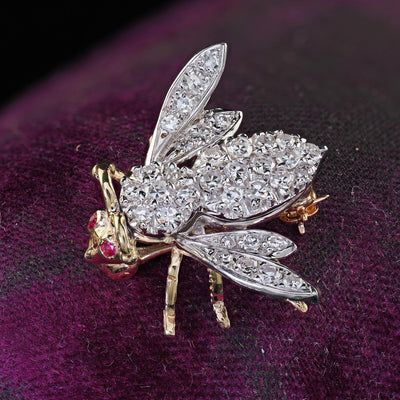 Vintage Estate 14K Two Tone Gold Single Cut Diamond Bee Pin Brooch