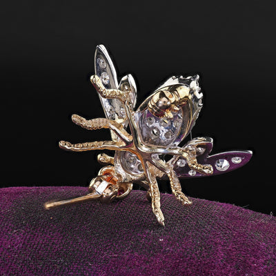 Vintage Estate 14K Two Tone Gold Single Cut Diamond Bee Pin Brooch