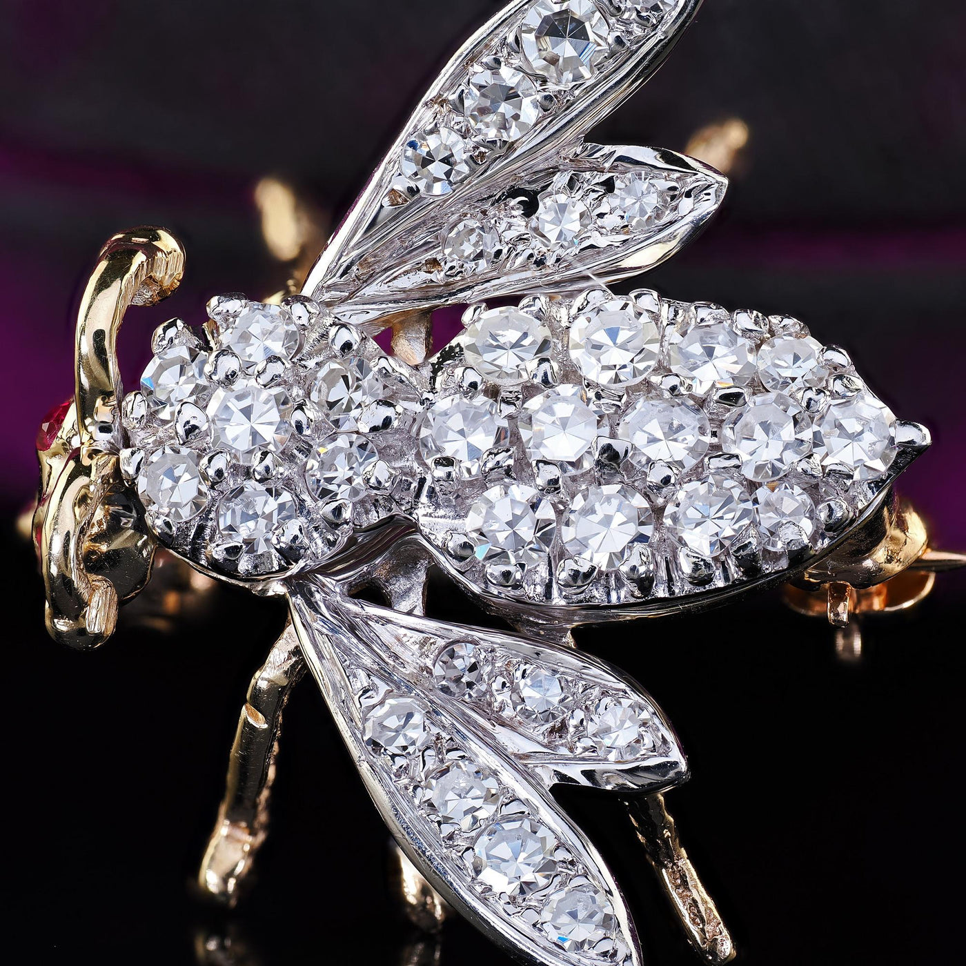 Vintage Estate 14K Two Tone Gold Single Cut Diamond Bee Pin Brooch