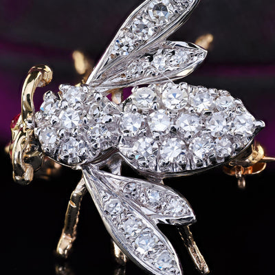 Vintage Estate 14K Two Tone Gold Single Cut Diamond Bee Pin Brooch