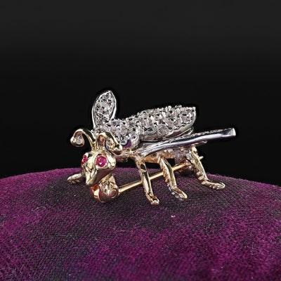 Vintage Estate 14K Two Tone Gold Single Cut Diamond Bee Pin Brooch