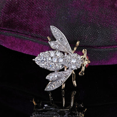Vintage Estate 14K Two Tone Gold Single Cut Diamond Bee Pin Brooch