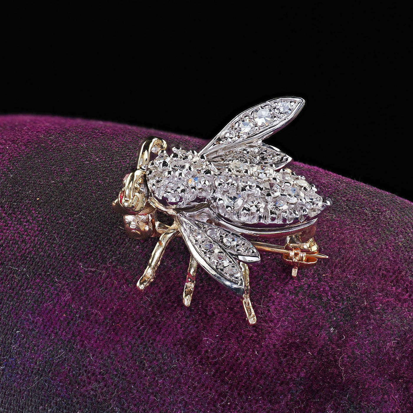 Vintage Estate 14K Two Tone Gold Single Cut Diamond Bee Pin Brooch