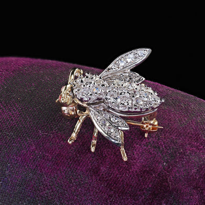 Vintage Estate 14K Two Tone Gold Single Cut Diamond Bee Pin Brooch