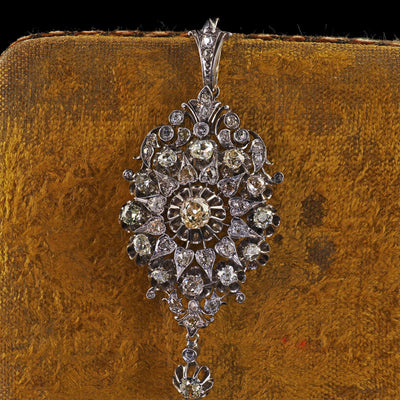 Antique Victorian Silver and 14K Gold Old Mine Diamond Pin and Pendant
