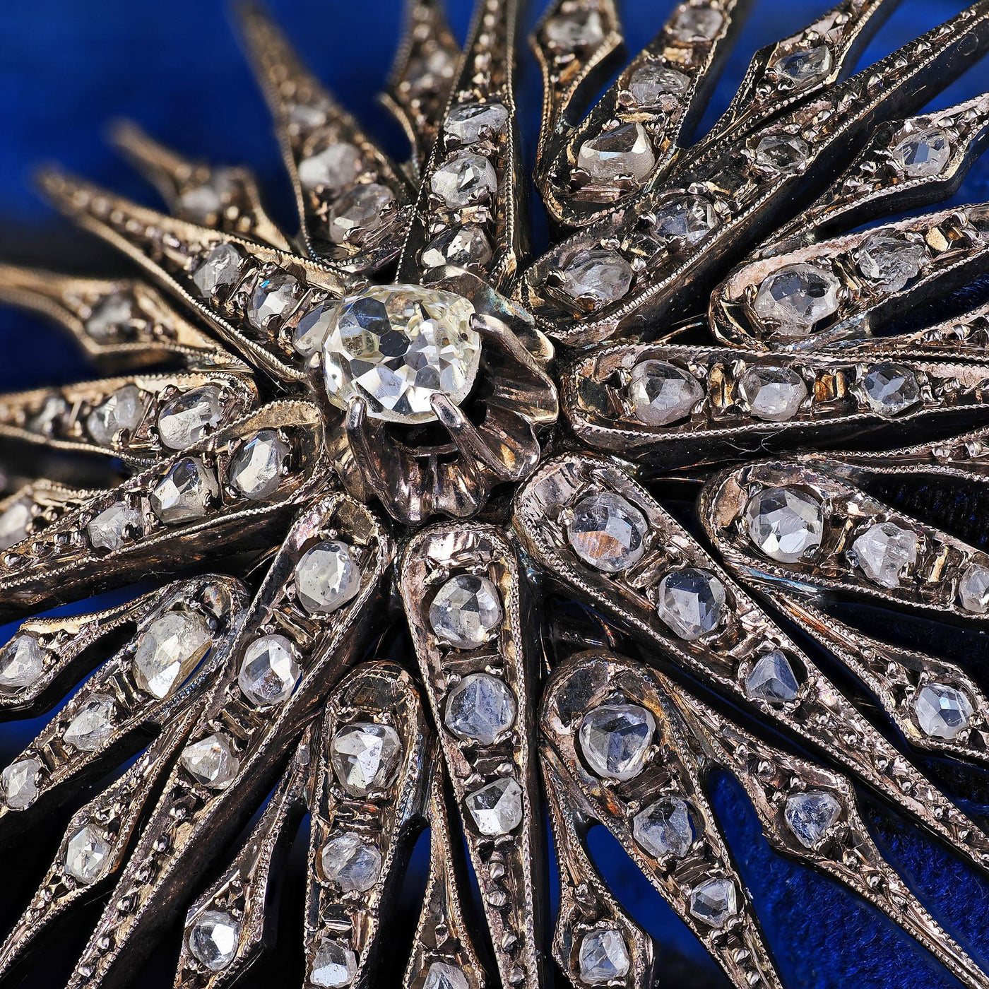 Antique Victorian Silver and Gold Old Mine Diamond Star Burst Pin
