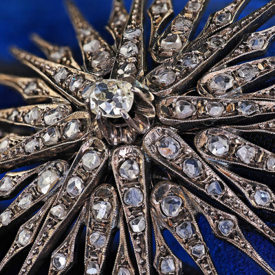 Antique Victorian Silver and Gold Old Mine Diamond Star Burst Pin