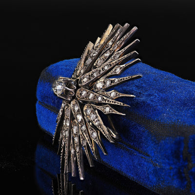Antique Victorian Silver and Gold Old Mine Diamond Star Burst Pin