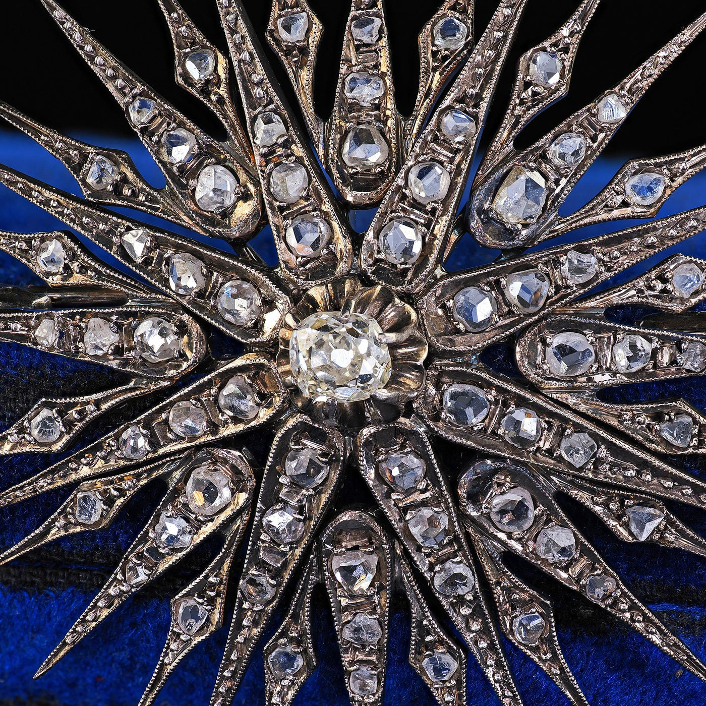 Antique Victorian Silver and Gold Old Mine Diamond Star Burst Pin