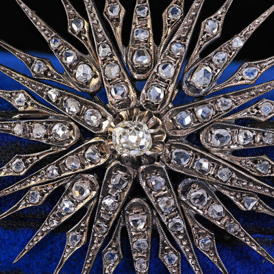 Antique Victorian Silver and Gold Old Mine Diamond Star Burst Pin