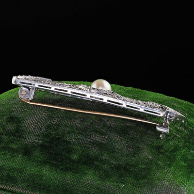 Estate Art Deco Revival 18K White Gold Rose Cut Diamond and Pearl Pin