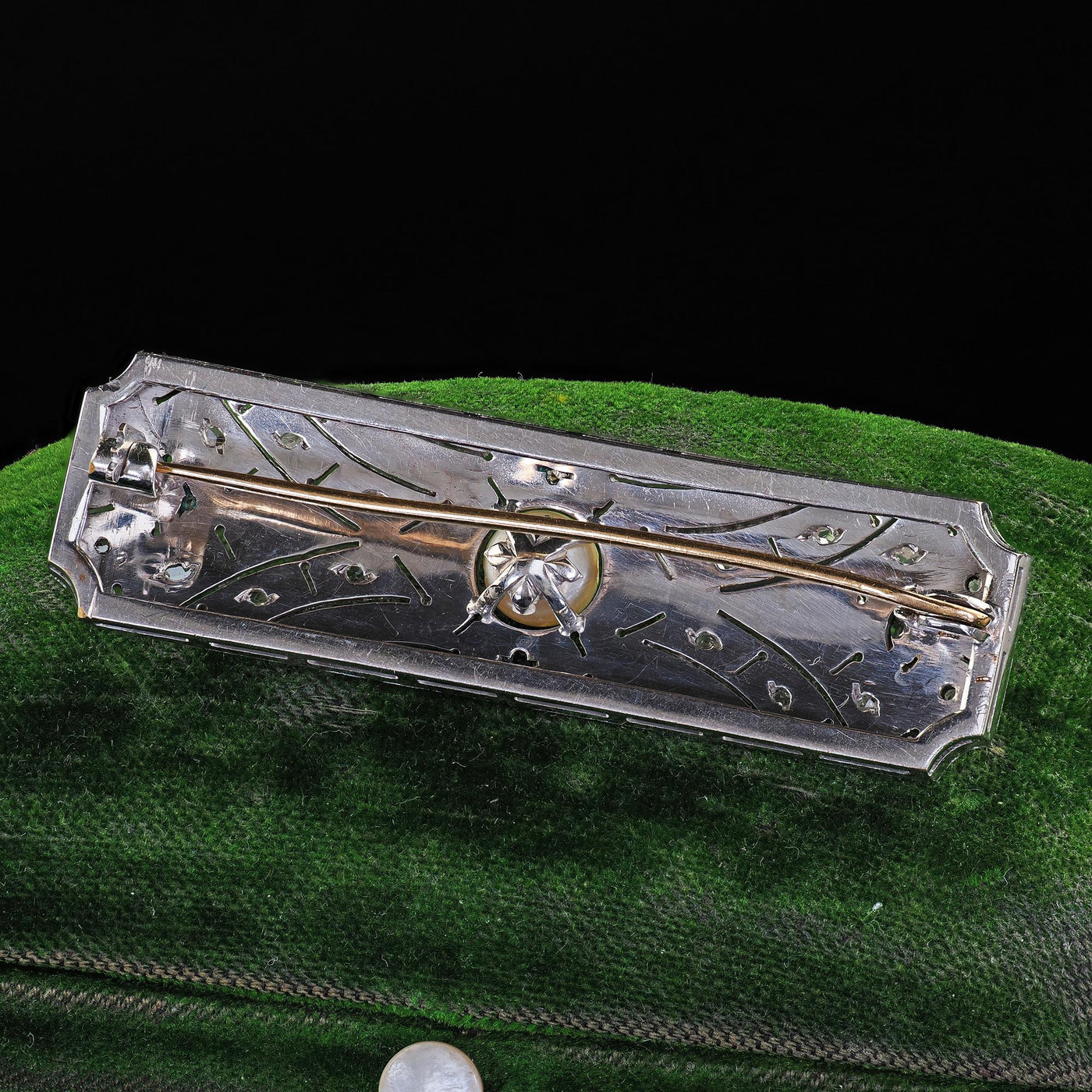 Estate Art Deco Revival 18K White Gold Rose Cut Diamond and Pearl Pin