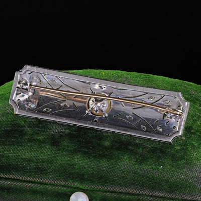 Estate Art Deco Revival 18K White Gold Rose Cut Diamond and Pearl Pin