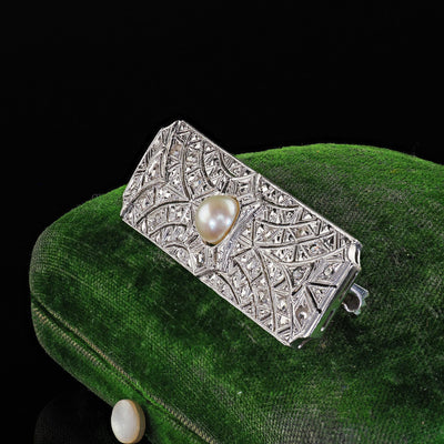 Estate Art Deco Revival 18K White Gold Rose Cut Diamond and Pearl Pin