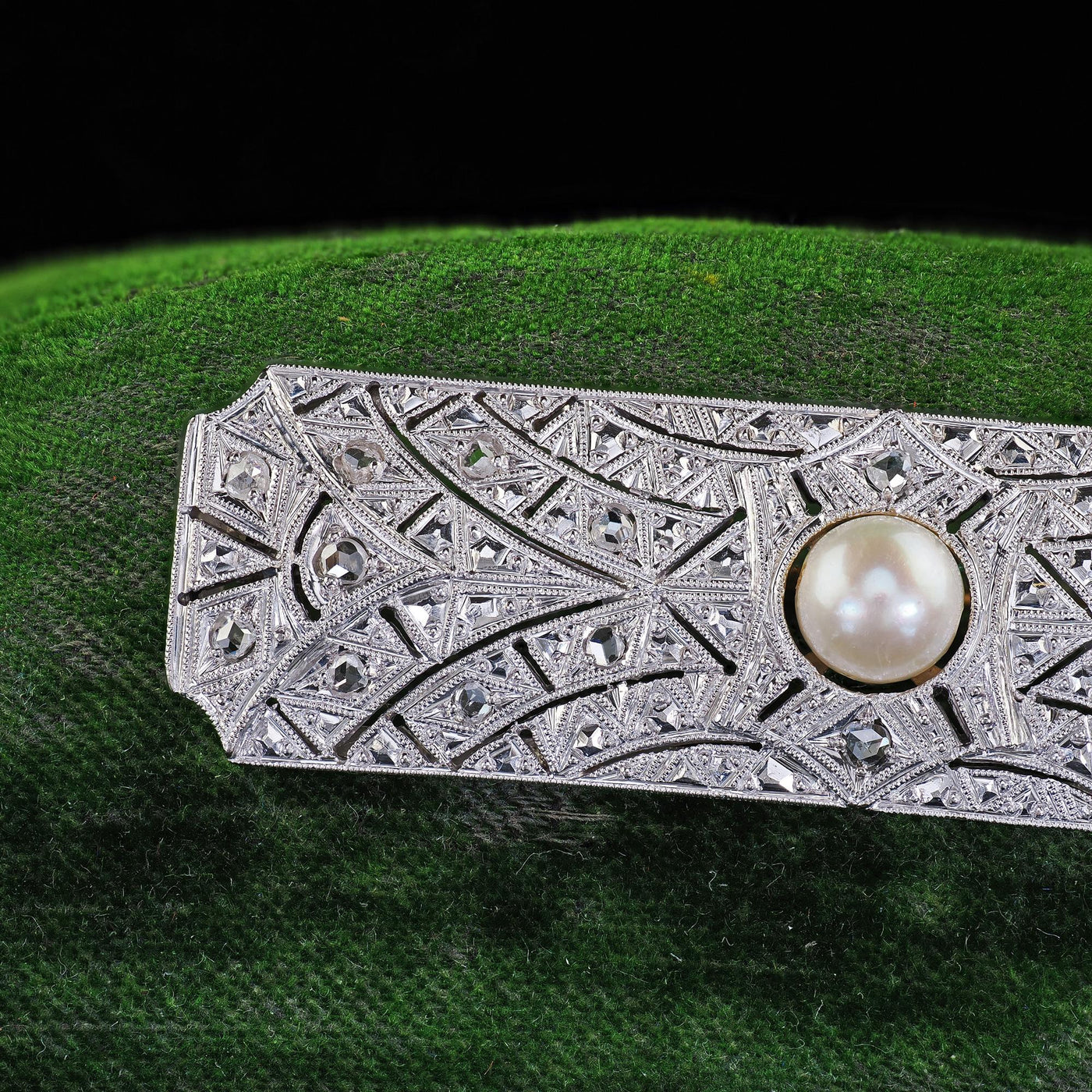 Estate Art Deco Revival 18K White Gold Rose Cut Diamond and Pearl Pin