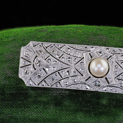 Estate Art Deco Revival 18K White Gold Rose Cut Diamond and Pearl Pin