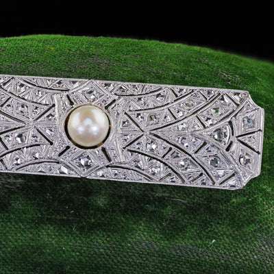 Estate Art Deco Revival 18K White Gold Rose Cut Diamond and Pearl Pin