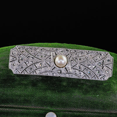 Estate Art Deco Revival 18K White Gold Rose Cut Diamond and Pearl Pin