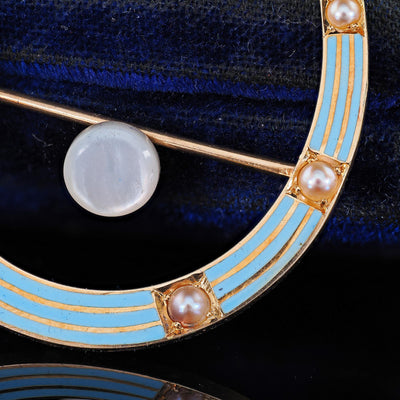Antique Art Deco 14K Yellow Gold Baby Blue Enamel and Pearl Horseshoe Pin