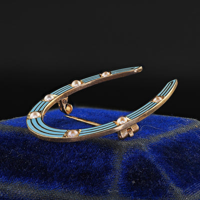 Antique Art Deco 14K Yellow Gold Baby Blue Enamel and Pearl Horseshoe Pin