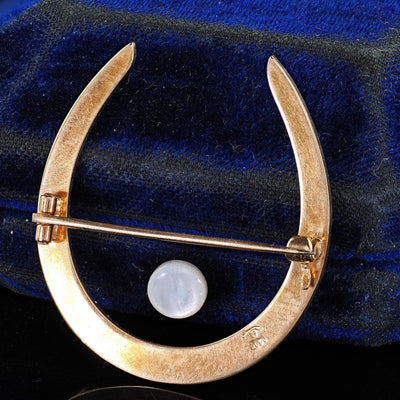 Antique Art Deco 14K Yellow Gold Baby Blue Enamel and Pearl Horseshoe Pin