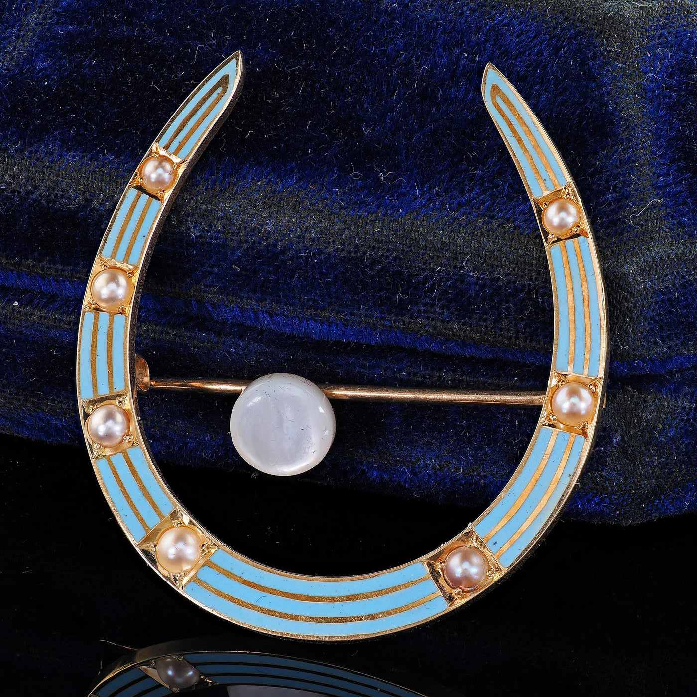Antique Art Deco 14K Yellow Gold Baby Blue Enamel and Pearl Horseshoe Pin