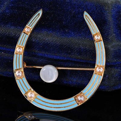 Antique Art Deco 14K Yellow Gold Baby Blue Enamel and Pearl Horseshoe Pin