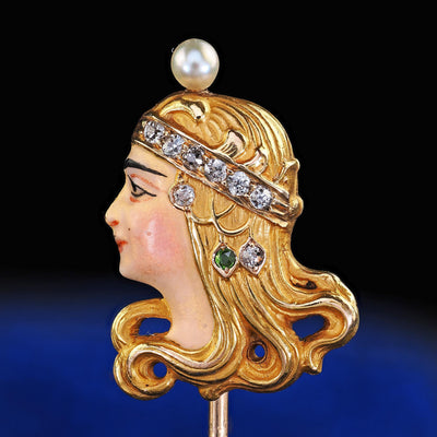 Antique Art Nouveau 14K Yellow Gold Enamel Diamond and Pearl Lady Stick Pin