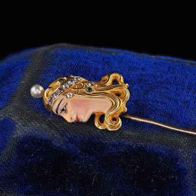Antique Art Nouveau 14K Yellow Gold Enamel Diamond and Pearl Lady Stick Pin