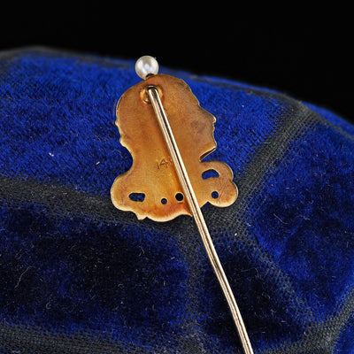 Antique Art Nouveau 14K Yellow Gold Enamel Diamond and Pearl Lady Stick Pin