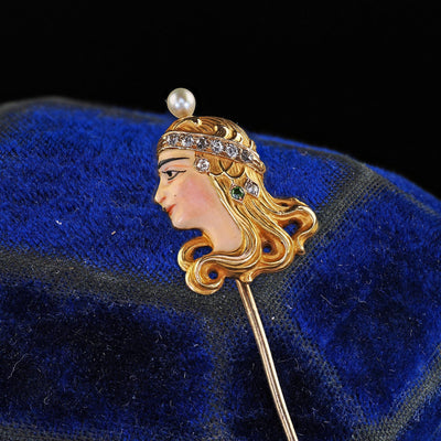 Antique Art Nouveau 14K Yellow Gold Enamel Diamond and Pearl Lady Stick Pin