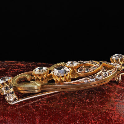 Antique Art Nouveau 14K Yellow Gold Rose Cut Diamond and Ruby Floral Pin Brooch