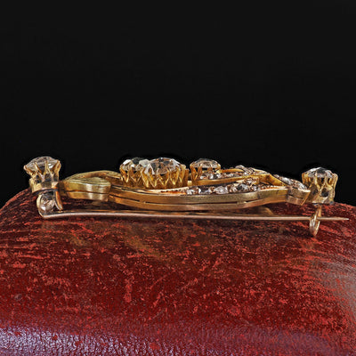 Antique Art Nouveau 14K Yellow Gold Rose Cut Diamond and Ruby Floral Pin Brooch