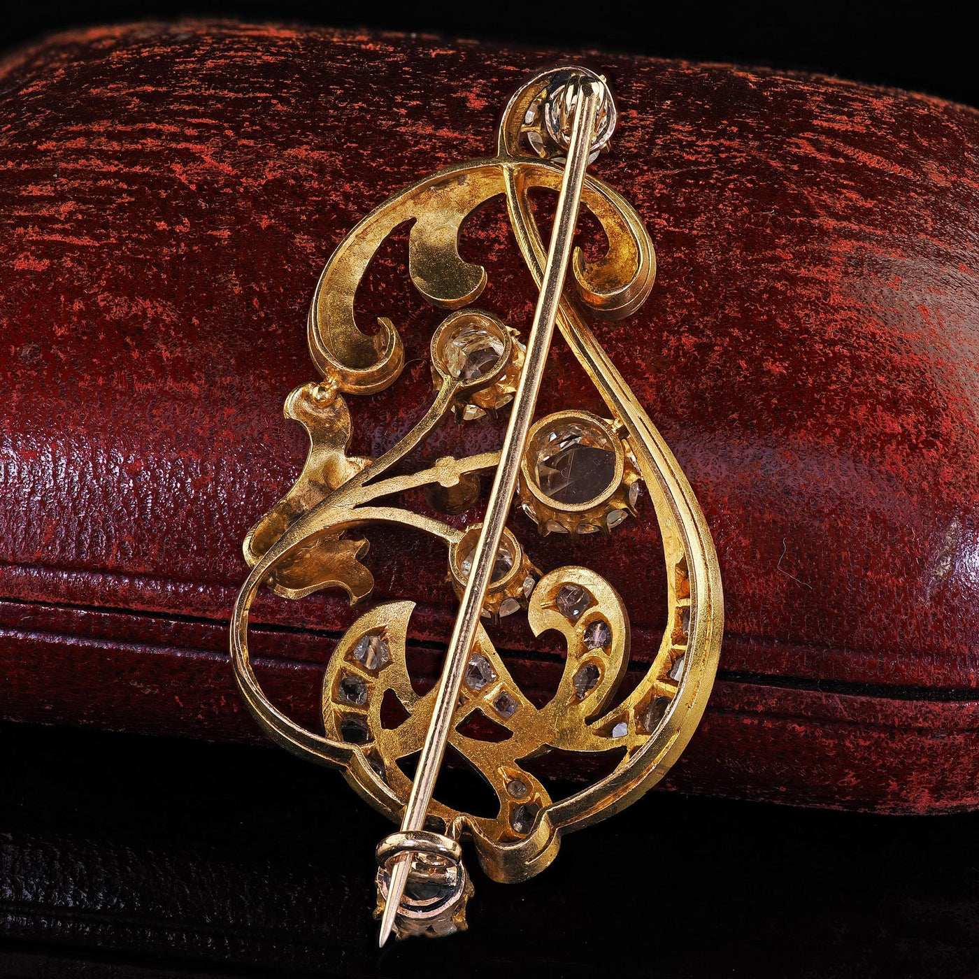 Antique Art Nouveau 14K Yellow Gold Rose Cut Diamond and Ruby Floral Pin Brooch