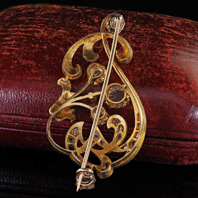 Antique Art Nouveau 14K Yellow Gold Rose Cut Diamond and Ruby Floral Pin Brooch