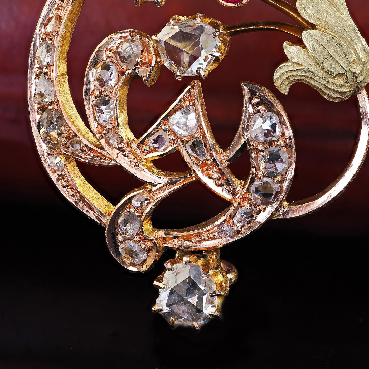 Antique Art Nouveau 14K Yellow Gold Rose Cut Diamond and Ruby Floral Pin Brooch