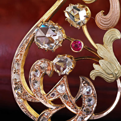 Antique Art Nouveau 14K Yellow Gold Rose Cut Diamond and Ruby Floral Pin Brooch