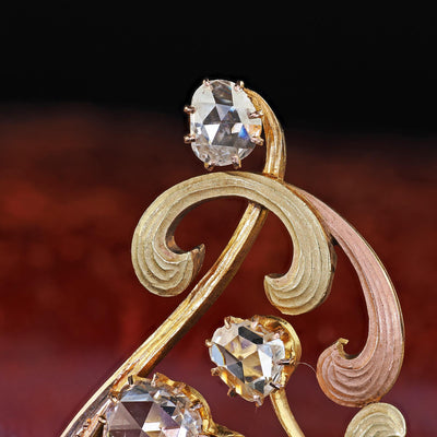 Antique Art Nouveau 14K Yellow Gold Rose Cut Diamond and Ruby Floral Pin Brooch